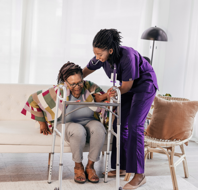 Caregiver providing gentle, hands-on care at home